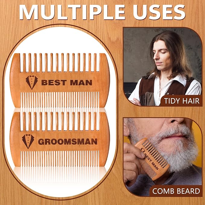 6 Pcs Groomsmen Gifts Wooden Beard Comb for Men Including 1 Best Man and Set of 5 Groomsman Comb Grooming Detangling Tool for Hair & Mustache Wedding Best Man Party Favor Gift