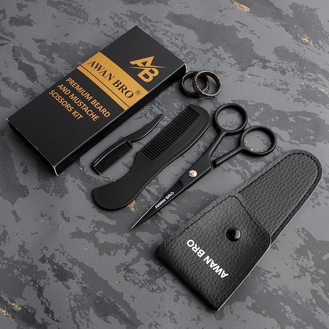 5" Professional Beard & Mustache Scissors Set with Beard Comb & Mustache Comb – Precision Grooming Beard Scissors for All type of Facial Hair, Perfect Beard Hair Scissors Kit with Travel Pouch