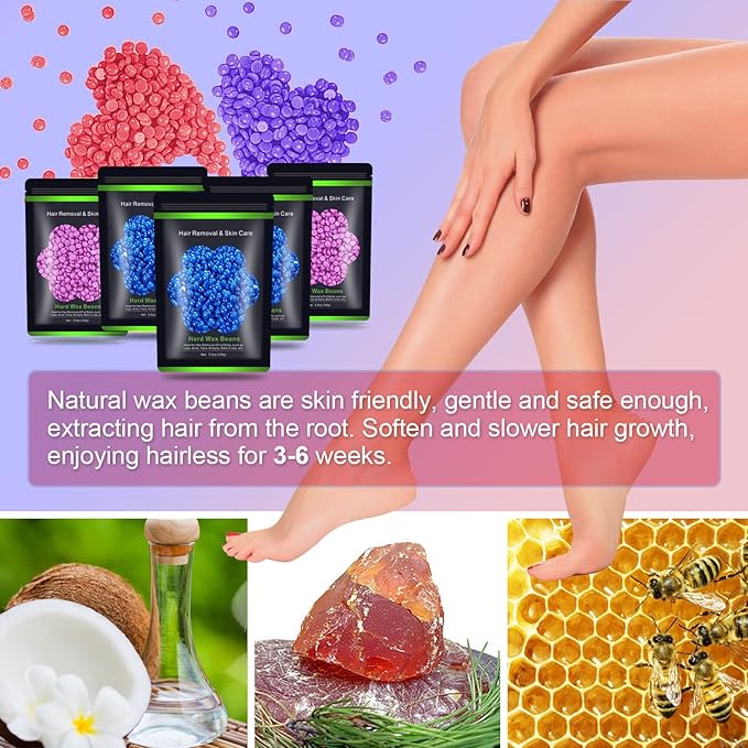 Wax Beads for Hair Removal 1.1 lb (17.6 oz), Hard Wax Beads for Sensitive Skin - Brazilian, Face, Bikini, Legs, Eyebrow, Painless Waxing Beads Kit for Women Men, 5 Packs with 10 Wax Sticks