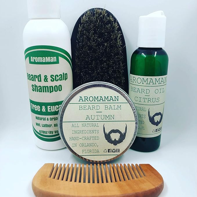 Aromaman Beard Care All-Natural Hand Crafted Beard Oil, Balm, Shampoo and Beard Brush/Comb. Choose your set!