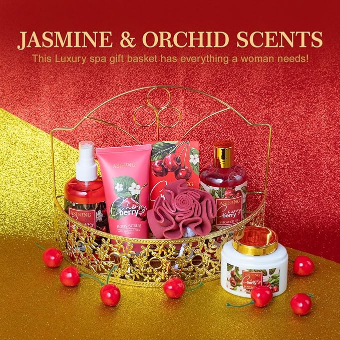 Bath & Body Basket Set, Cherry Fruit Scent Spa Gift Basket with Shower Gel, Lotions for Women Gift Set, Spa Kits for Christmas Valentine's Birthday Gift All Occasion Holiday Gift Idea Luxury Bath Set
