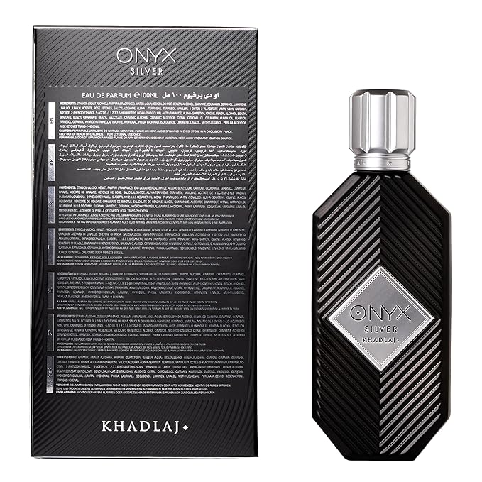 Khadlaj Onyx Silver – Fresh, Spicy, Woody, Amber – Eau de Parfum Spray Long-Lasting Fragrance for Men, 3.4 Ounce / 100ml