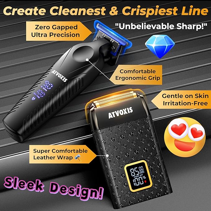 9000 RPM Razor-Sharp Zero Gap T Blade Hair/Beard Trimmer for Men 3-Speed Leather-Wrapped Close Shave Foil Shaver Cordless Travel Pouch USB-C Rechargeable Fast Charging Base Charger Included