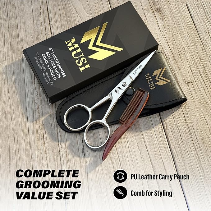 MUSI 4 Inch Eyebrow Scissors - Muti-purpose Small Scissors for Mustache, Beard, Nose Hair, Nail, Ear & Eyelash Trimming - Professional Stainless Steel Mini Grooming Scissors for Men Women with Comb