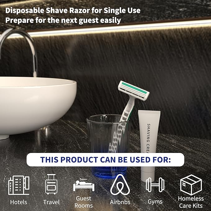 3 Blades Disposable Razors with Cream 50PCS Set for Men & Women, Individually Wrapped Portable Toiletries Amenities for Hotel, Airbnb, Homeless, Shelter, Charity, Camping and Travel On The Go