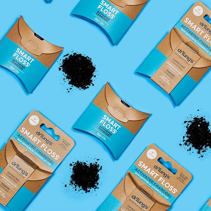 DrTung's Vegan Activated Charcoal Floss - Natural Dental Floss, PTFE & PFAS Free, Gentle on Gums, Expands & Stretches, BPA Free - Lemongrass Flavor (Pack of 2)