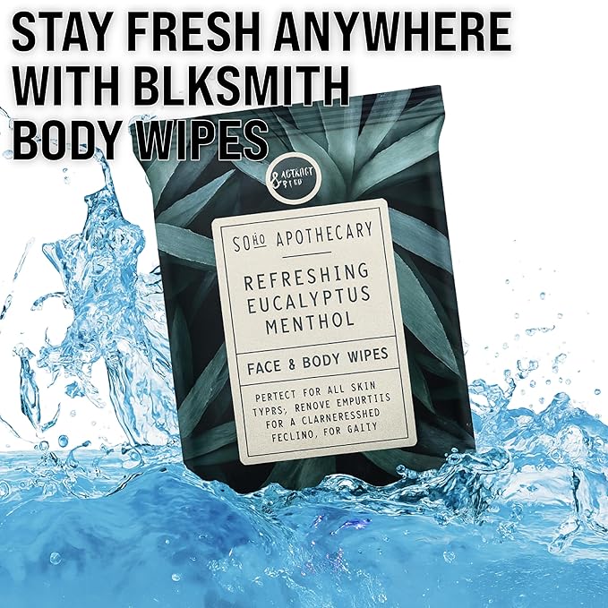 BLKSMITH Face & Body Wipes for Men - Travel Essentials With Activated Charcoal & Menthol Eucalyptus - Total 60 - Ideal Cool Gifts for Men 30x2 - Body Wipes Ideal for Gym, Office, or Outdoors, 2 Pack