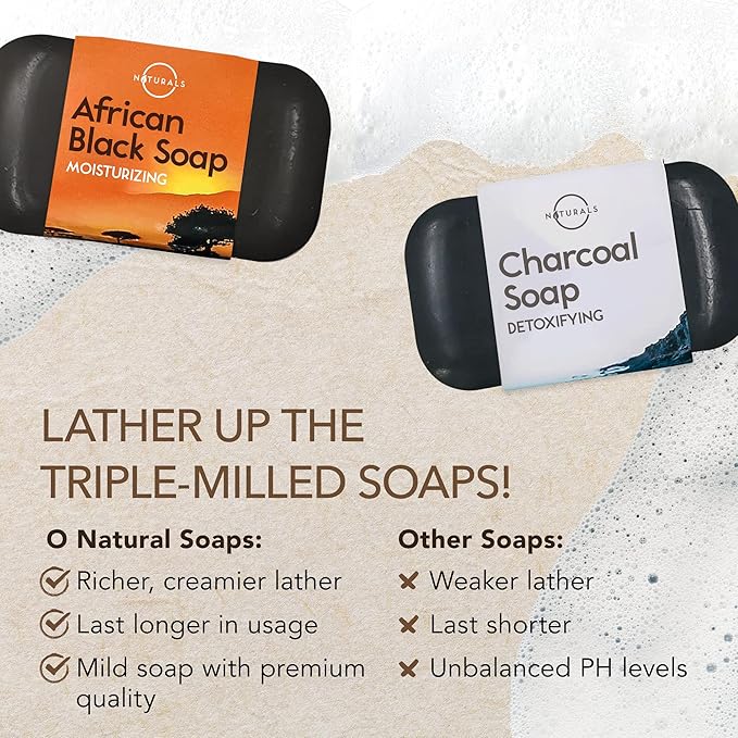 O NATURALS 100% Natural Bar Soap - Gift Set - Organic Ingredients & Essential Oils - Spa Gifts for Women & Men, Body Wash & Face Soap - 6PC Black Soap Collection