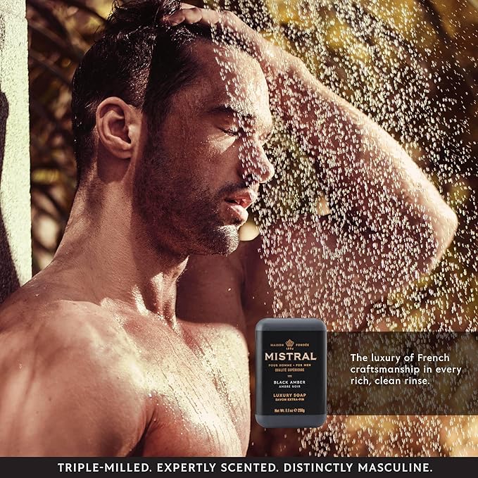 Mistral Black Amber Luxury Bar Soap for Men | Men’s Natural Soap Bar | Paraben, Phthalats Free | Moisturizing & Triple-Milled Natural Soap for Men - Made in France | Large, 8.8 oz