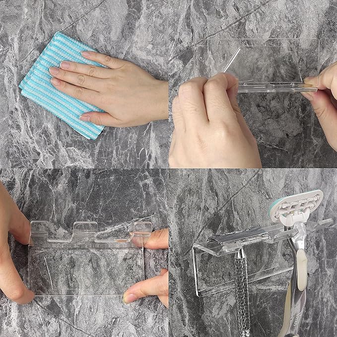 LUEXBOX 2Pack Safety Razor Holder for Shower Wall, Self Adhesive Razor and Brush Stand for Bathroom, Shaving Brush Stand Compatible with Fusion 5 Proglide, Mach 3 Classic(Clear)