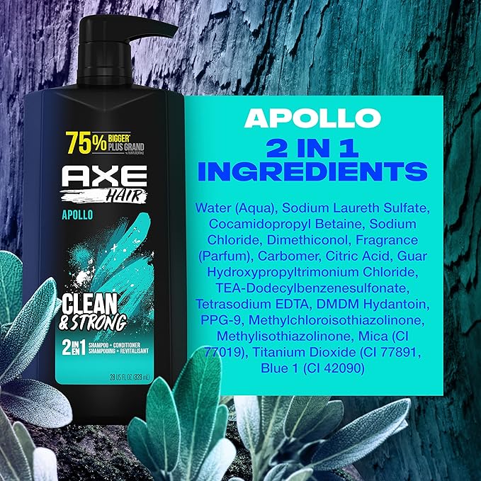 AXE Wash & Care 2-in-1 Shampoo & Conditioner Apollo Wash & Care 4 Count for Clean & Strong Hair Sage & Cedarwood 100% Recycled Bottle 28 oz