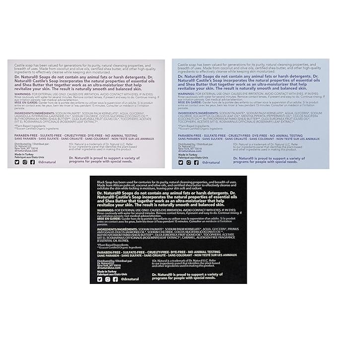 Dr. Natural Castile and Black Bar Soap Set - Multipurpose Soap Bar with Anti-Acne Properties - Lavender, Peppermint, Black Soap - 3 pc