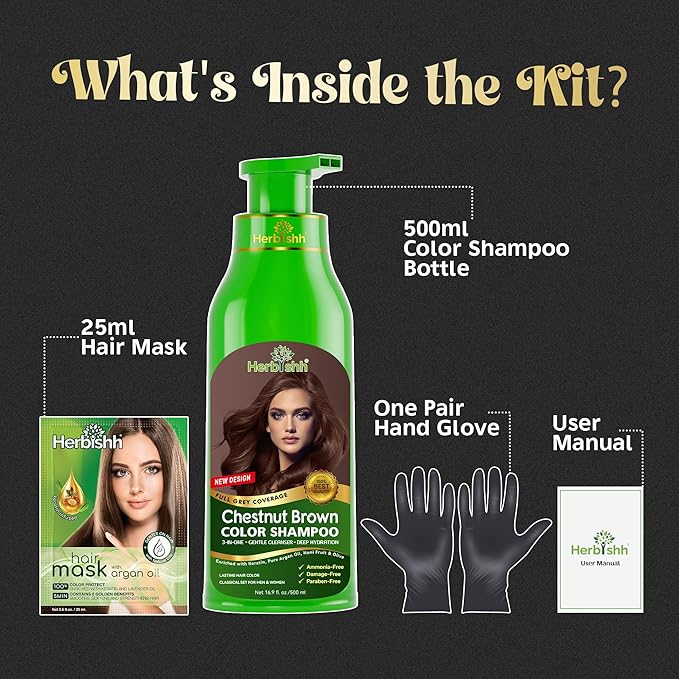 Herbishh Hair Color Shampoo for Gray Hair – Magic Hair Dye Shampoo – Colors Hair in Minutes–Long Lasting–500 Ml–3-In-1 Color for Women & Men –Ammonia-Free (Chestnut Brown)