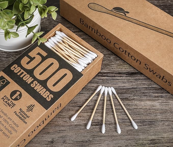Sea Turtle Bundle Toothbrush and Swabs, Plant-Based Bristles Bamboo Toothbrushes (4 Pack) and Bamboo Cotton Swabs (500 Count)