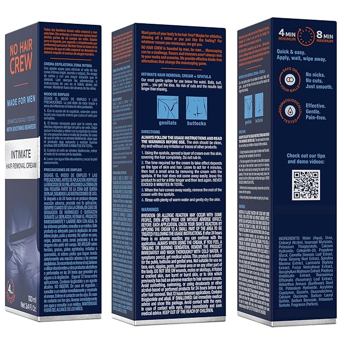 No Hair Crew Intimate/Private At Home Hair Removal Cream for Men - Painless, Flawless, Soothing Depilatory for Manscaping Unwanted Coarse Male Body Hair, 100ml (2 Pack)