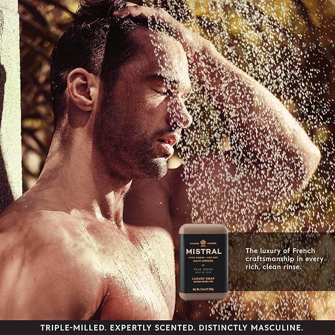 Mistral Teak Wood Luxury Bar Soap for Men | Men’s Natural Soap Bar | Paraben, Phthalates Free | Moisturizing & Triple-Milled Natural Soap for Men - Made in France | Large, 8.8 oz