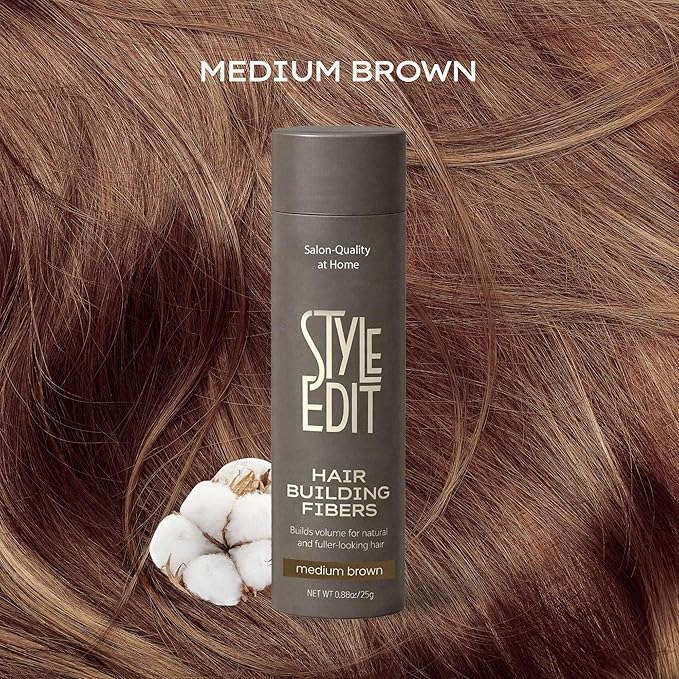 Style Edit Hair Building Fibers for Thinning Hair | Conceals Receding Hairlines, Fine Hair & Bald Spots for Fuller looking hair, 100% Plant-Based Thickening Powder for Men & Women, Medium Brown 0.88oz