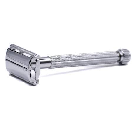 Parker 29L Chrome, Long Handle Butterfly Open Double Edge Safety Razor for Men & Women, 5 Parker Premium Platinum Double Edge Razor Blades Included