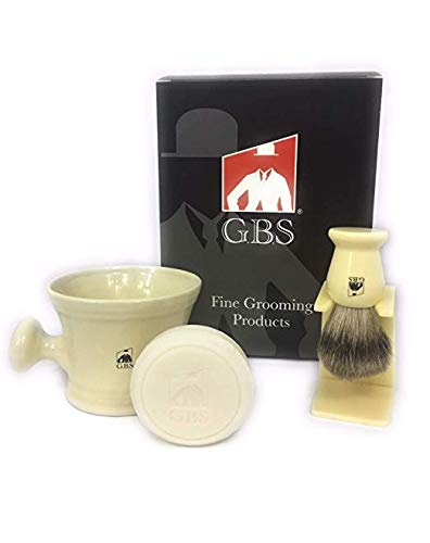 G.B.S Men Shave Kit, Ceramic Shaving Mug with Knob Handle, Shaving Brush, Ivory Stand, Sandalwood Shave Soap, Sandalwood Aftershave, Ivory