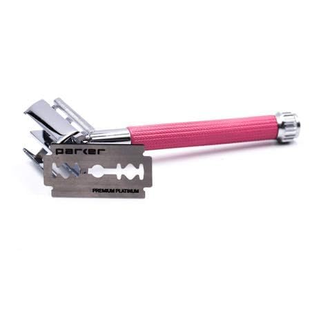 Parker 29L Pink, Long Handle Butterfly Open Double Edge Safety Razor for Women, 5 Parker Premium Platinum Double Edge Razor Blades Included