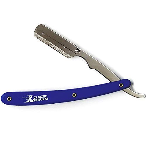 Stainless Steel Professional Barber Folding Straight Edge Razor Shavette Men's Shaving Kit with 200 Count Lord Single Edge Razor Blades (Blue)