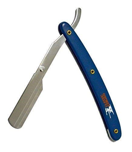 Stainless Steel Professional Barber Folding Straight Edge Razor Shavette Men's Shaving Kit with 100 Count Lord Platinum Single Edge Razor Blades (Blue)