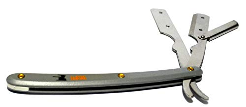 Stainless Steel Professional Barber Folding Straight Edge Razor Shavette Men's Shaving Kit with 200 Count Lord Single Edge Razor Blades (Gray)