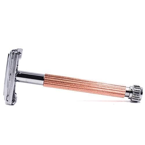 Parker 29L Rose Gold, Long Handle Butterfly Open Double Edge Safety Razor for Men & Women, 5 Parker Premium Platinum Double Edge Razor Blades Included