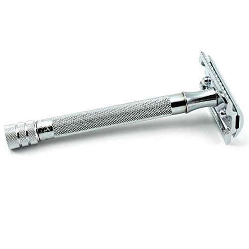 MERKUR 25C Double Edge Safety Razor in Bright Chrome with an Open Comb Design, Long Handle, Made in Germany, Plastic-Free, Three-Piece Design, and Straight Bar