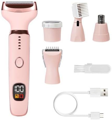 Electric Razors for Women, 5 in 1 Painless Ladies Wet & Dry Body Razors and Facial Hair Remover, Rechargeable Facial and Body Hair Remover for Face Nose Eyebrow Arms Armpit Legs Pubic Area (Pink)