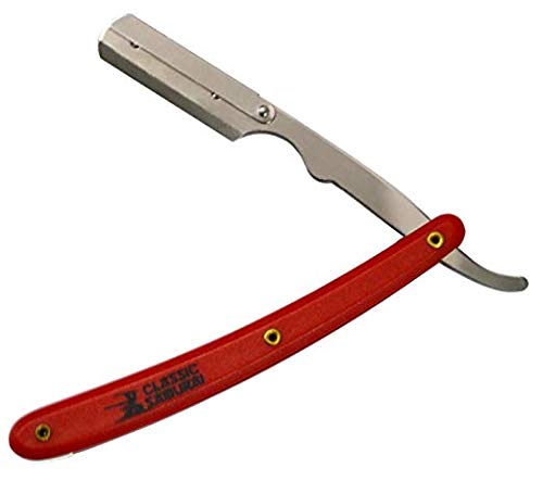 Stainless Steel Professional Barber Folding Straight Edge Razor Shavette Men's Shaving Kit with 200 Count Lord Single Razor Blades (Red)