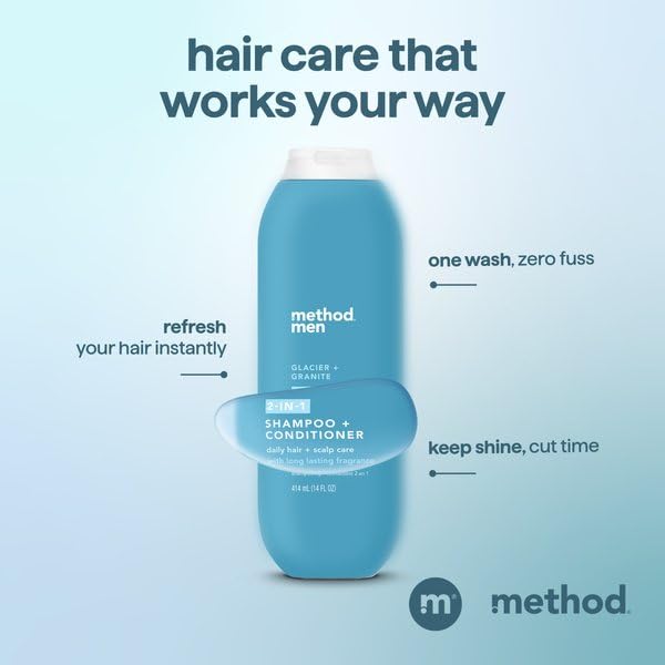 Method Men 2-in-1 Shampoo and Conditioner, Glacier + Granite - Cleans and Conditions, Crisp Arctic Scent - Sulfate-Free, Paraben-Free, Dye-Free - 14 oz, Pack of 3