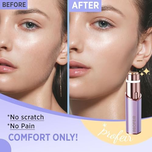 Profeir Facial Hair Removal for Women: Electric Razor for Smooth Skin Painless Trimmer Rechargeable Shaver for Upper Lip Peach Fuzz Chin Pocs Hair at Home Travel Gifts for Women(Purple)