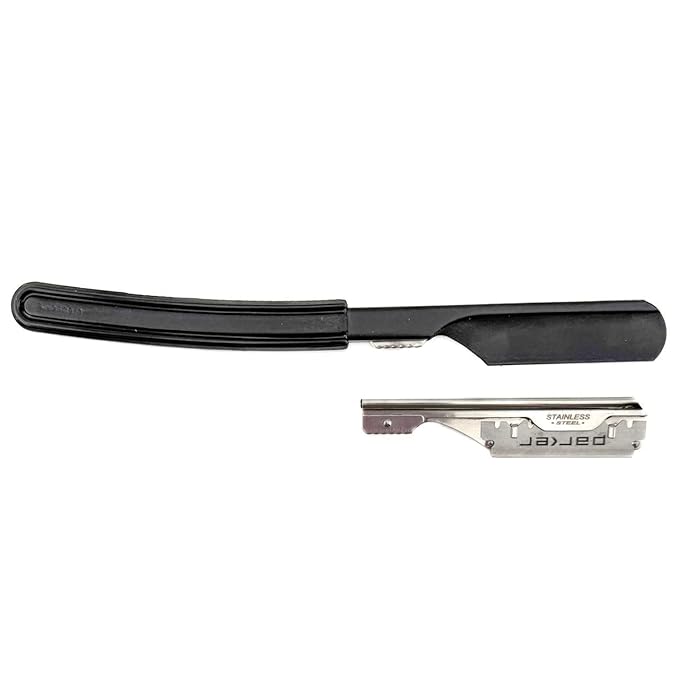 Parker Director Black Non-Folding Straight Barber Razor – Japanese-Style Razor with Stainless Steel Arm, Blade Protector Cap & Ergonomic Non-Slip Handle – Ideal for Professionals - 5 Blades Included