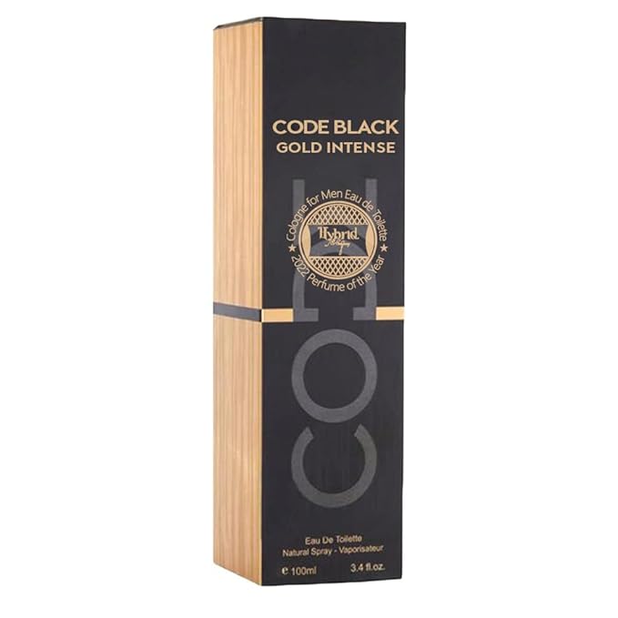 Hybrid & Company Black Code Intense Gold Cologne for Men Eau De Toilette Natural Spray Masculine Scent, 3.4 Fl Oz