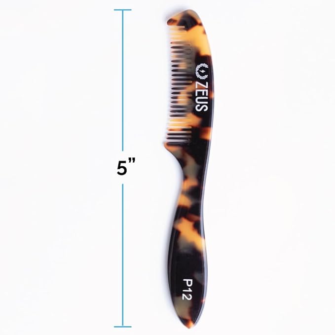 ZEUS Large 5” Mustache Comb for Men, Handmade Saw Cut, Long Handle Beard & Mustache Grooming Tool for Precise Styling (Tortoiseshell) P12