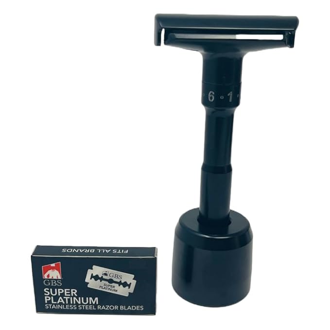 G.B.S Black Adjustable Men's Double Edge Safety Razor Bade, Stand and 10 G.B.S Platinum Blades Refills