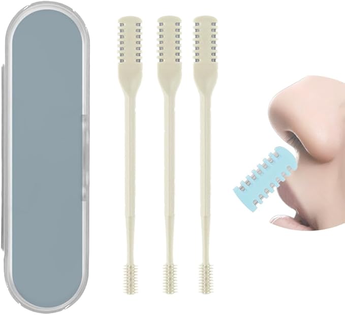 2 in 1 Nasal Hair Cutter, Double Sided Nose Hair Trimmer for Men Women, 360° Rotating Nose Hair Knife with Ear Picker, for Home Travel Essentials (Beige, 3pcs)