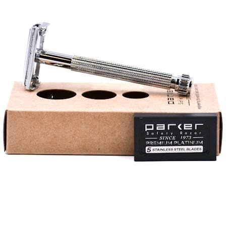 Parker 29L Chrome, Long Handle Butterfly Open Double Edge Safety Razor for Men & Women, 5 Parker Premium Platinum Double Edge Razor Blades Included