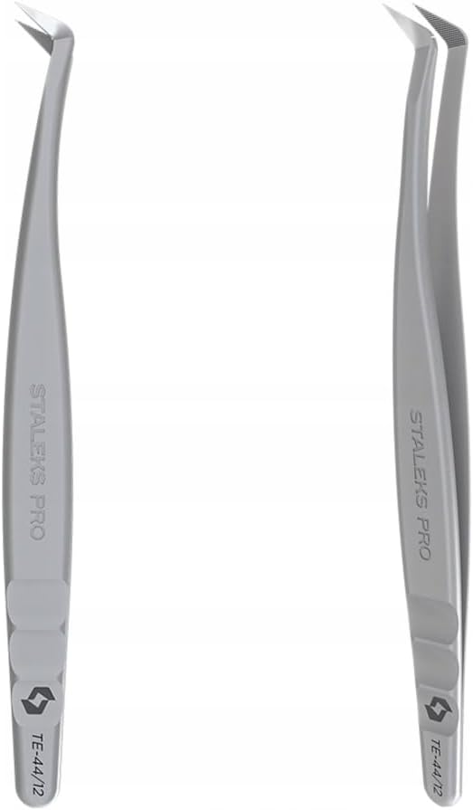 STALEKS PRO Expert 44 Type 12 Professional Eyelash Tweezers (L-Shaped 65°) – Stainless Steel with Nano-Notches for Volume & Mega-Volume Lash Extensions