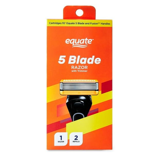 Men's 5 Blade Razor With Trimmer, Cartridges Fit Equate 5 Blade & Handles (1 Razor Handle, 2 Cartridges), Comfortable Shave