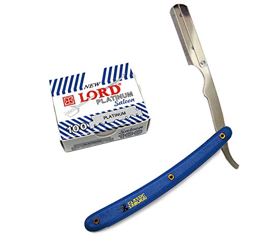 Stainless Steel Professional Barber Folding Straight Edge Razor Shavette Men's Shaving Kit with 100 Count Lord Platinum Single Edge Razor Blades (Blue)