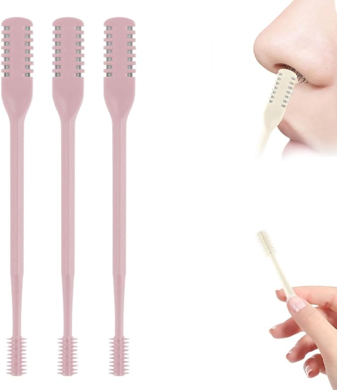 Nasal Hair Cutter, Double Sided Nose Hair Trimmer for Men Women, 360° Rotating Portable Manual Nose Hair Remover, Hairs Knife Noses with Ear Digger Travel Essentials (Pink, 3 PCS)