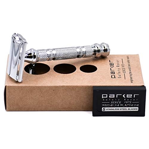 Parker 66R Long Handle Butterfly Safety Razor – Twist-to-Open Brass Frame with Textured Chrome Finish for Close, Comfortable Shaves - 5 Blades Included