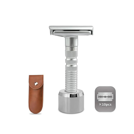 6-speed adjustable dual-blade safety razor with 10 platinum-coated stainless steel blades. Includes optional stand. Comes with complimentary travel pouch. (Silver + base + holster)