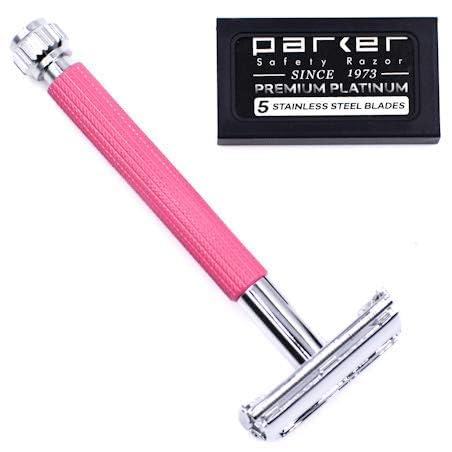 Parker 29L Pink, Long Handle Butterfly Open Double Edge Safety Razor for Women, 5 Parker Premium Platinum Double Edge Razor Blades Included