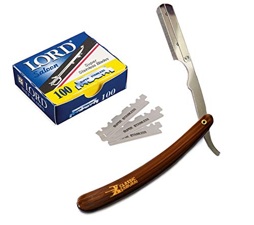 Stainless Steel Professional Barber Straight Edge Razor with 100 Count Single Edge Razor Blades (Brown)