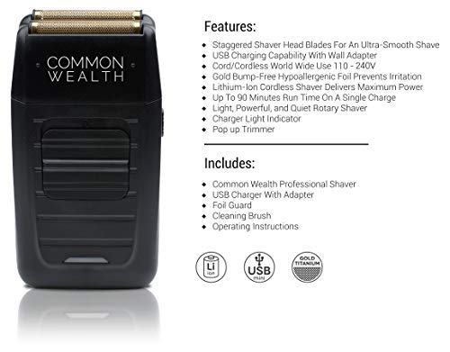Common Wealth Professional Shaver Cordless Hypoallergenic Bump Free Gold Pro Foil Barber Finishing Shaper Trimmer Tool CWPS26 For Beard Neckline & Tapered Fades