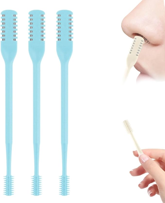Nasal Hair Cutter, Double Sided Nose Hair Trimmer for Men Women, 360° Rotating Portable Manual Nose Hair Remover, Hairs Knife Noses with Ear Digger Travel Essentials (Blue, 3 PCS)