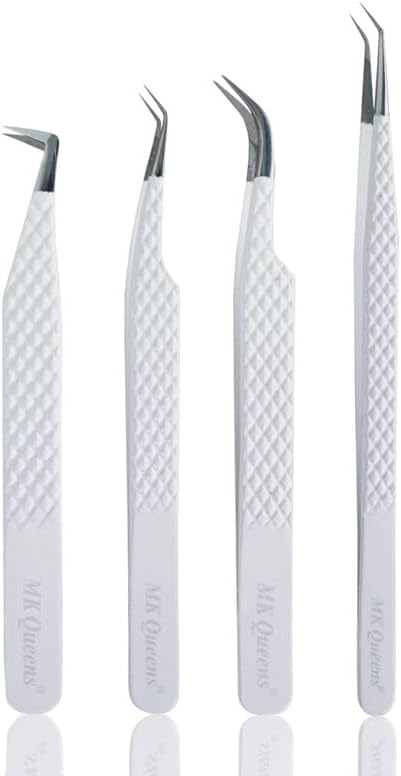 Lash Tweezers - Stainless Steel Fiber Tip Eyelash Tweezers (Set of 4) - Diamond Grip Professional Lash Tweezers for Eyelash Extensions (White)